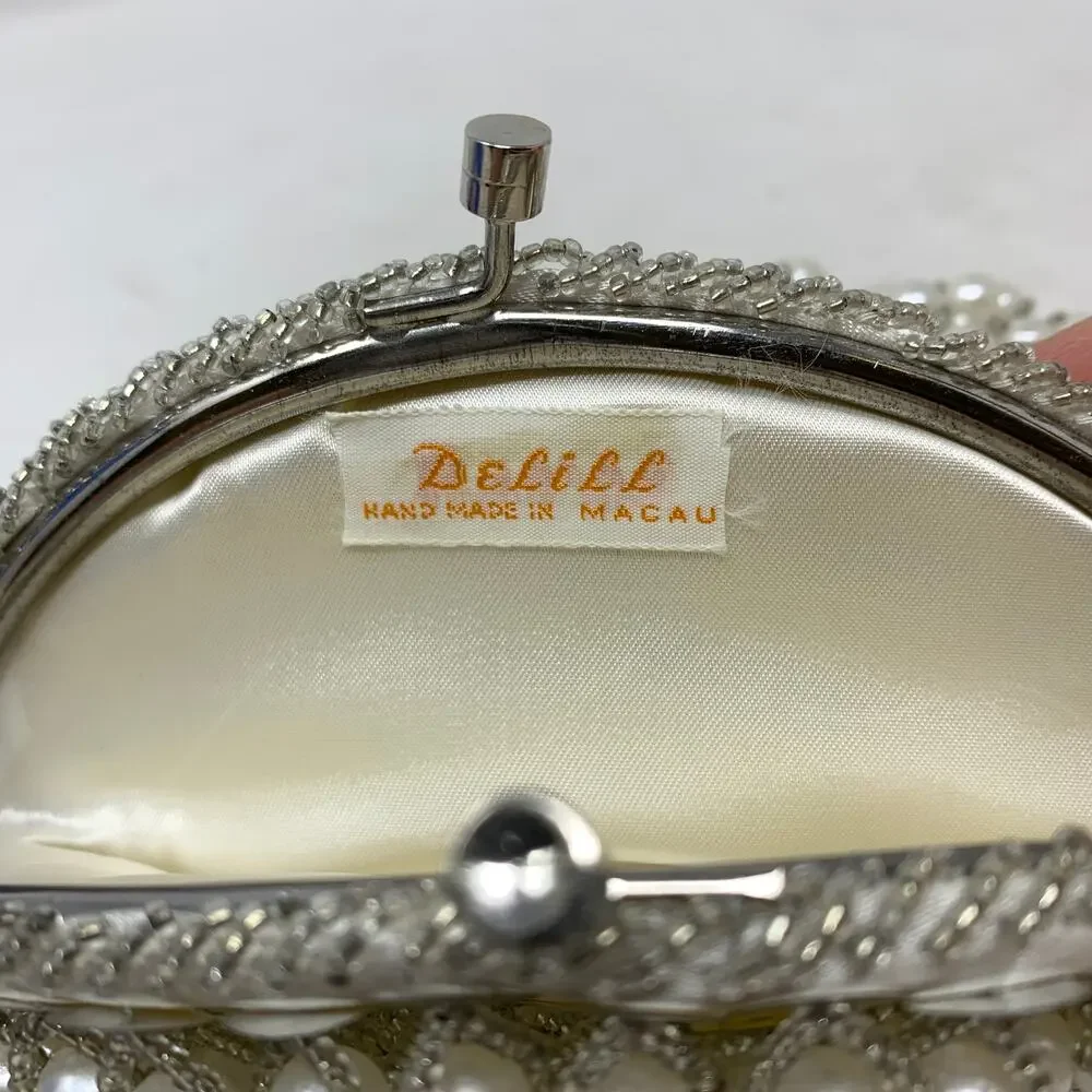 Vintage DeLill Faux Pearl Beaded Evening Bag White Bridal Clutch Chain Purse